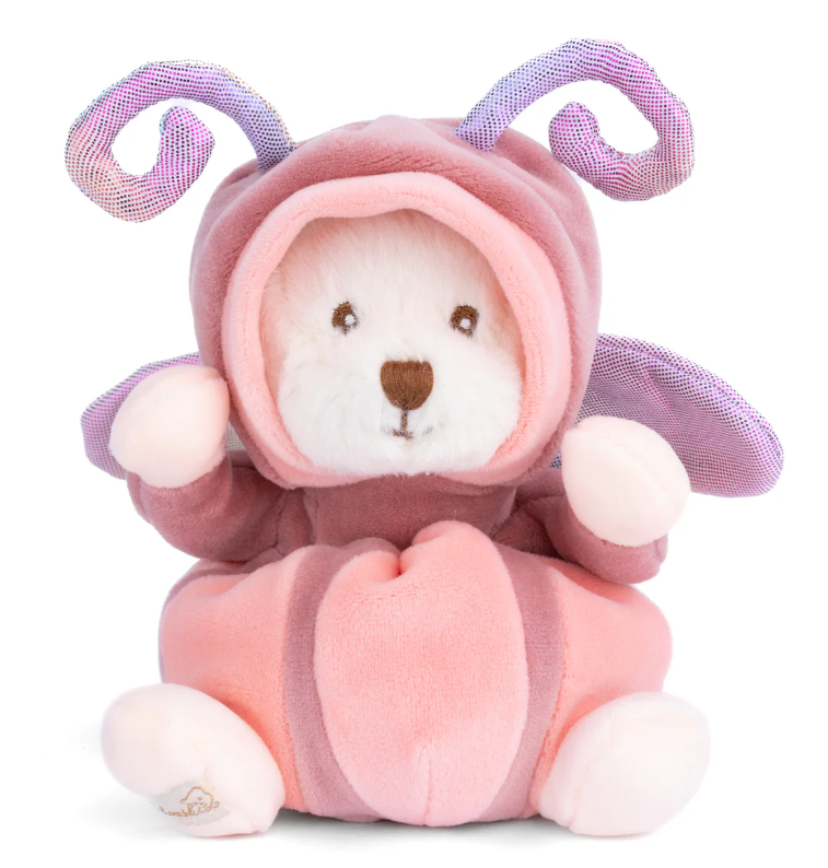 Plush toy bear in a pink and purple butterfly costume 