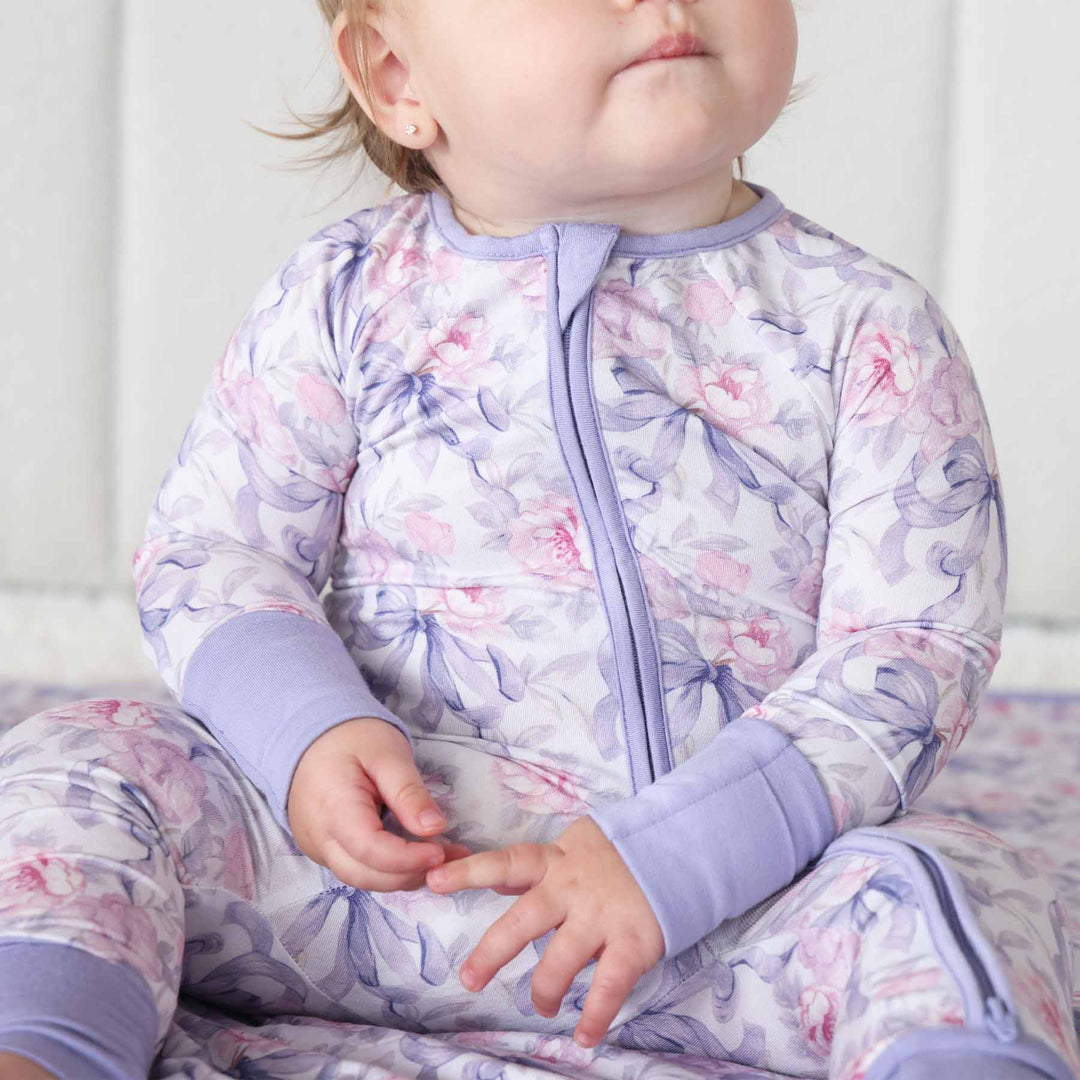 Lavender Bows & Roses Convertible Zip Romper - Caden Lane