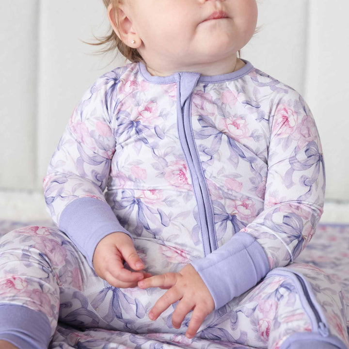 Lavender Bows & Roses Convertible Zip Romper - Caden Lane