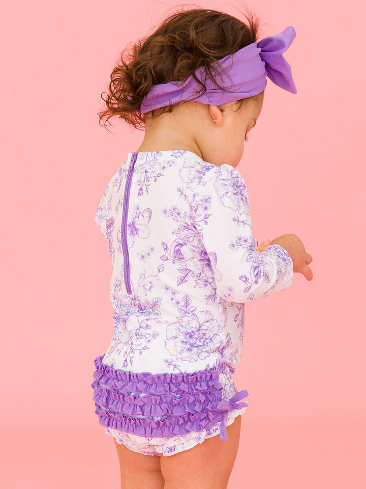 Purple Toile L/S Baby Girl Swimsuit - RuffleButts