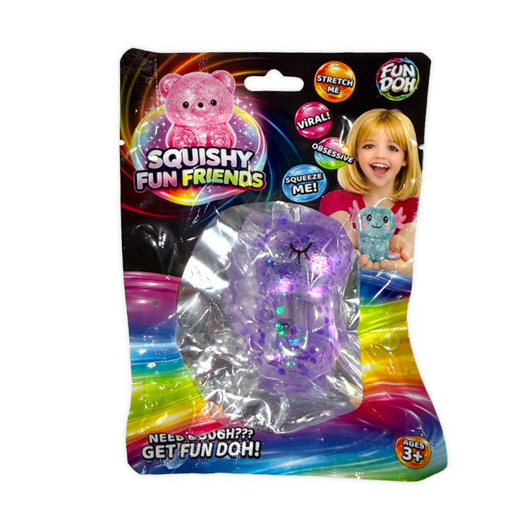 Packaged 'Squishy Fun Friends' toy featuring a purple translucent squishy ball with glitter, in its original retail blister pack with colorful rainbow graphics and character illustrations.