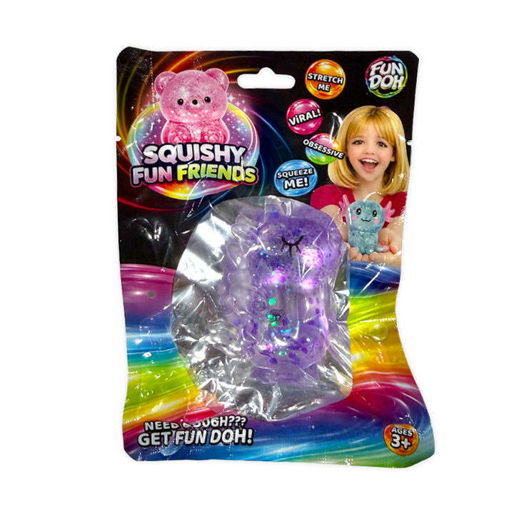 Packaged 'Squishy Fun Friends' toy featuring a purple translucent squishy ball with glitter, in its original retail blister pack with colorful rainbow graphics and character illustrations.