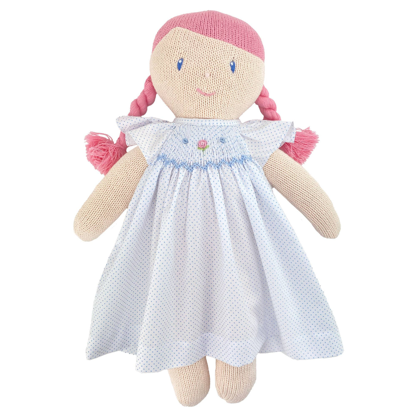 Knit Girl Doll with Blue Dot Smocked Dress: 14"