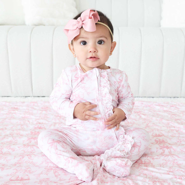 Pink Fancy Frills Bows Ruffle Zipper Footie - Caden Lane