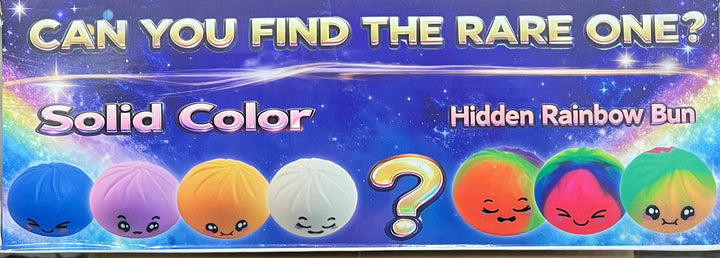 Box of colorful buns with a question about finding a rare one, held in front of a cardboard box.