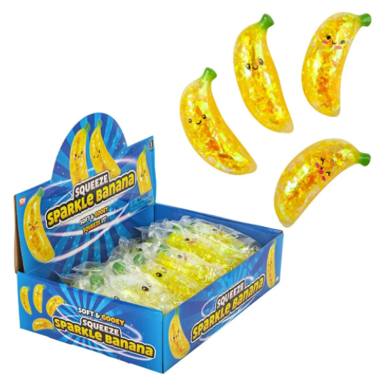 Box of Squeeze Sparkle Banana toys with yellow bananas on a white background