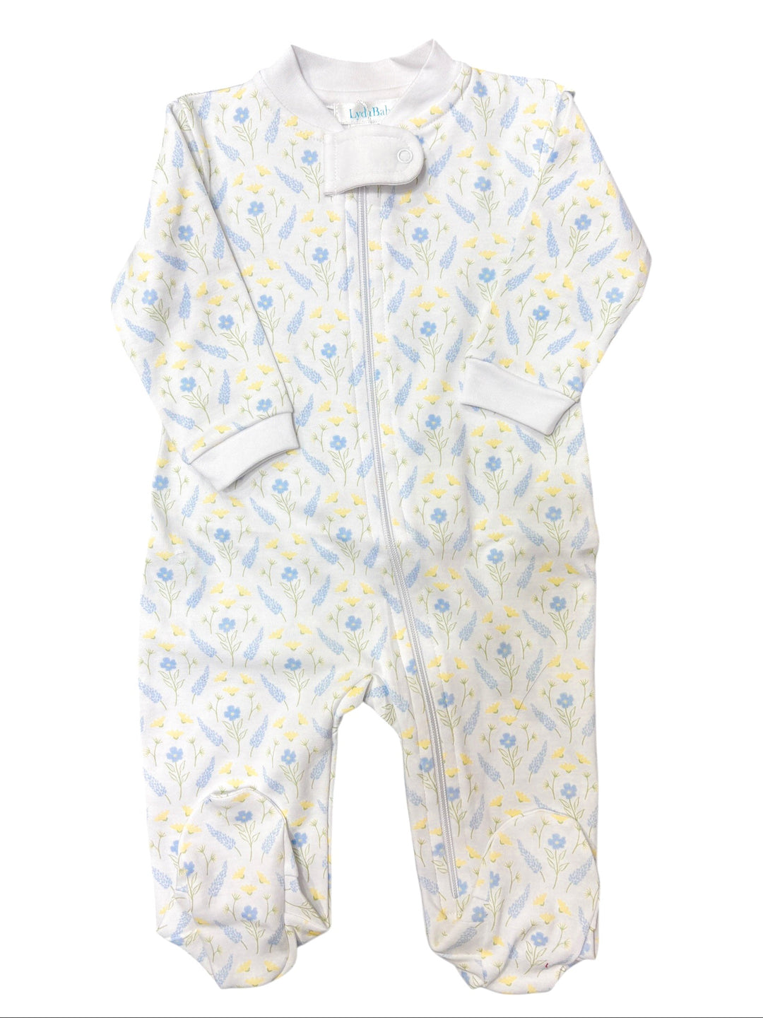 Baby onesie with a floral pattern on a white background