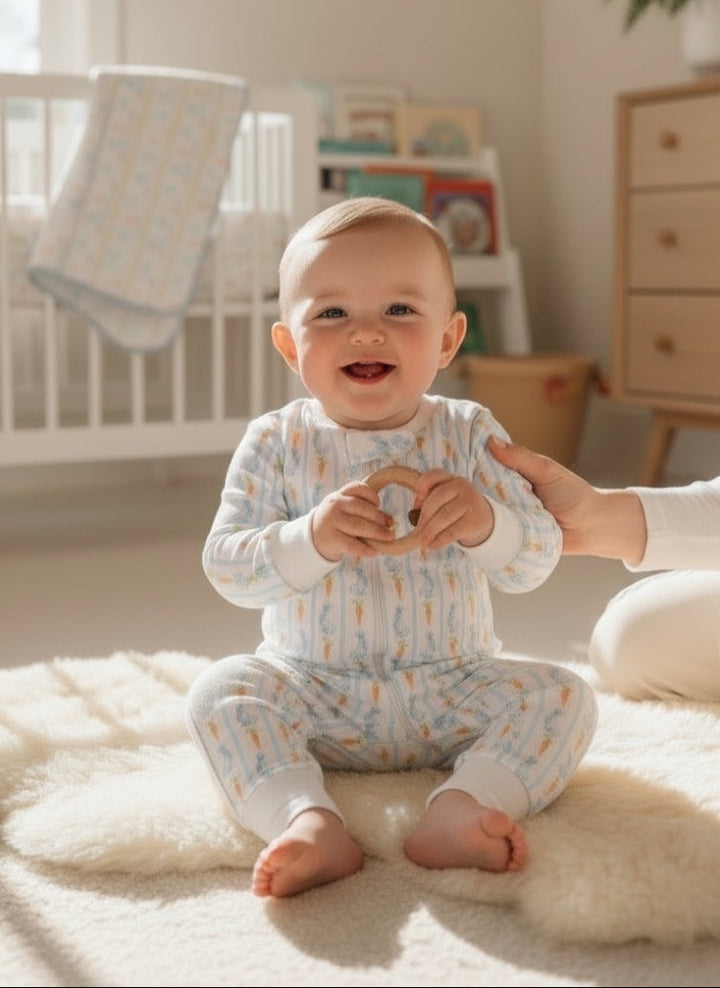 Baby sitting on a fluffy rug in a nursery with a person's hand holding a toy.