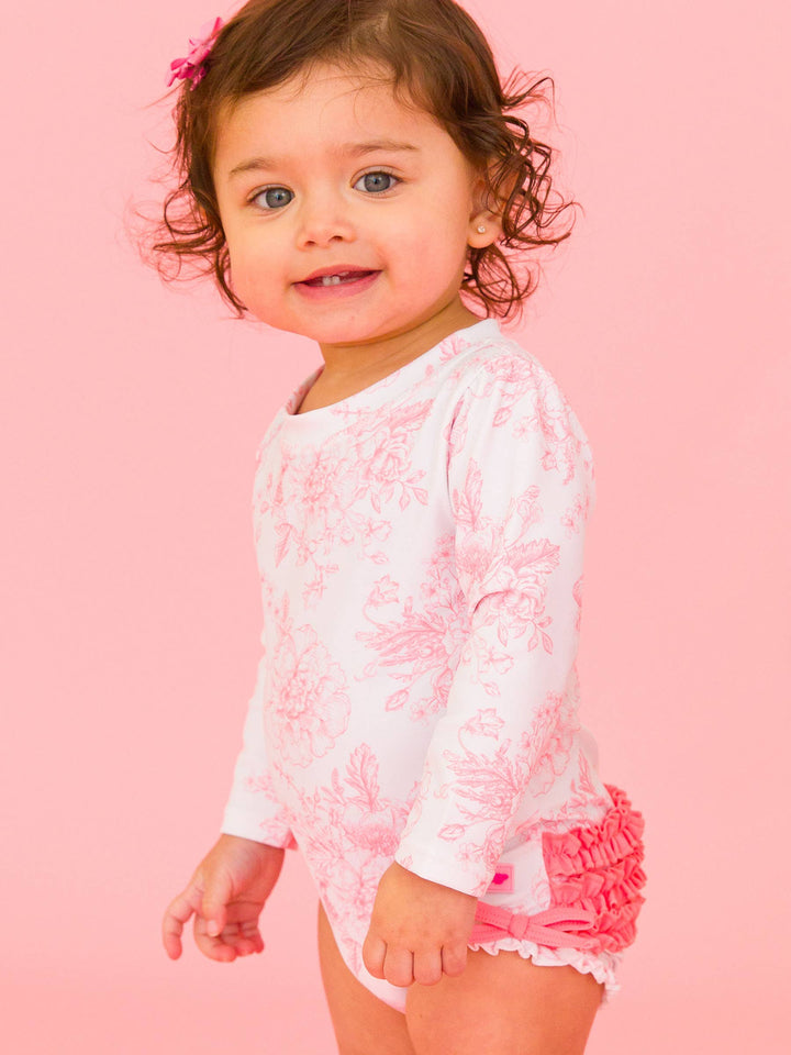 Pink Toile L/S Baby Girl Swimsuit - RuffleButts