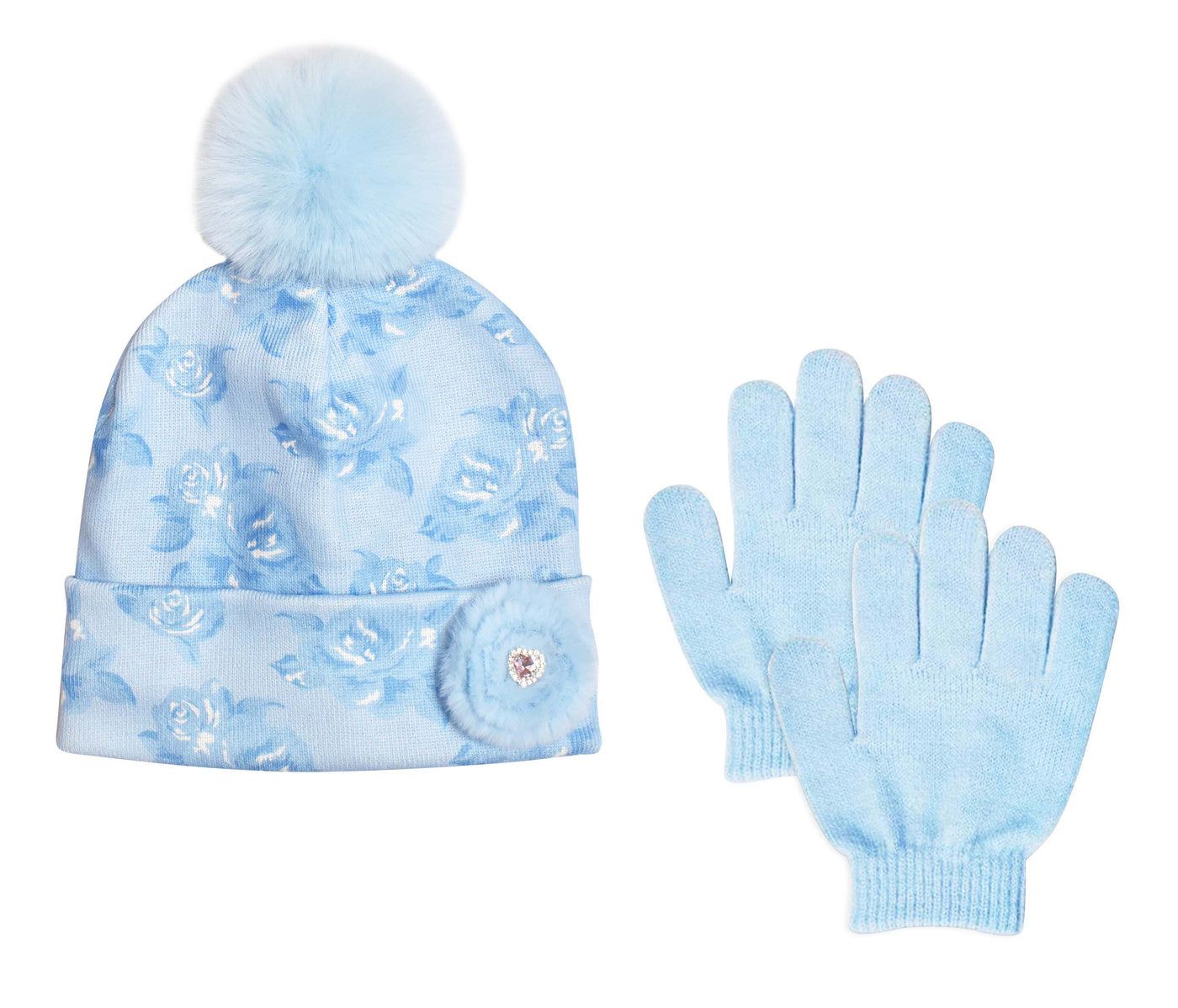 Blue Floral Printed Hat & Glove Set - OMG Accessories