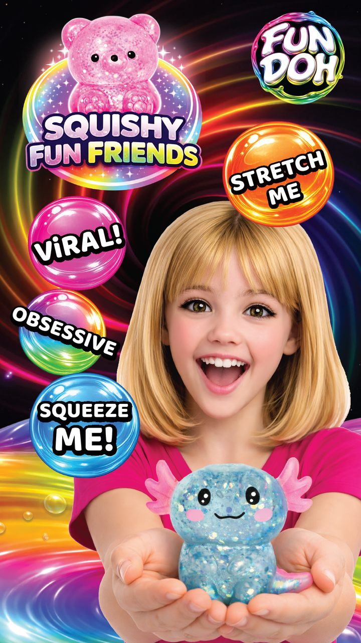 Promotional image for Squishy Fun Friends with a child holding a blue plush toy against a colorful background.