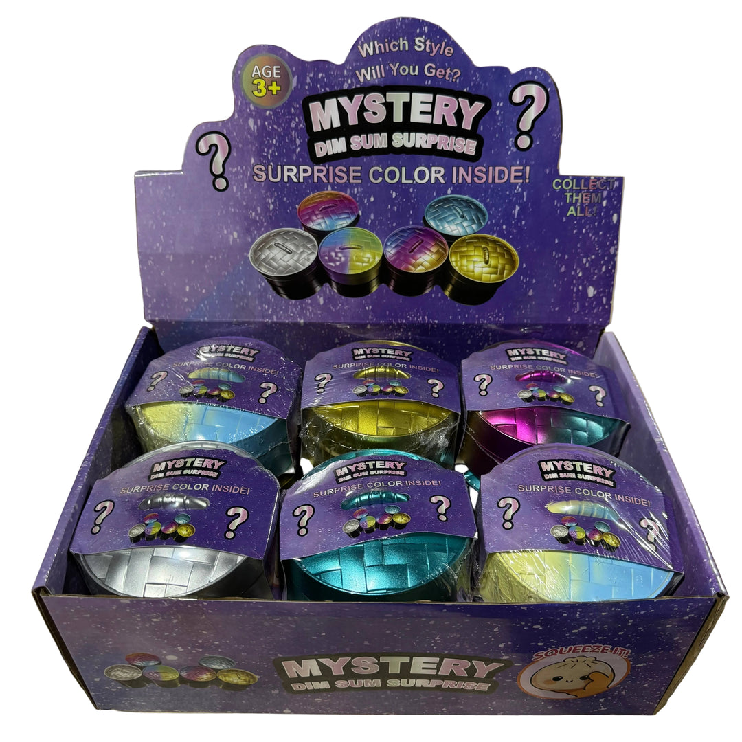 A retail display box filled with six mystery data mini surprise eggs, each wrapped in a purple branded lid. The display reads 'MYSTERY DIM SUM SURPRISE' and shows colorful iridescent egg shells inside.