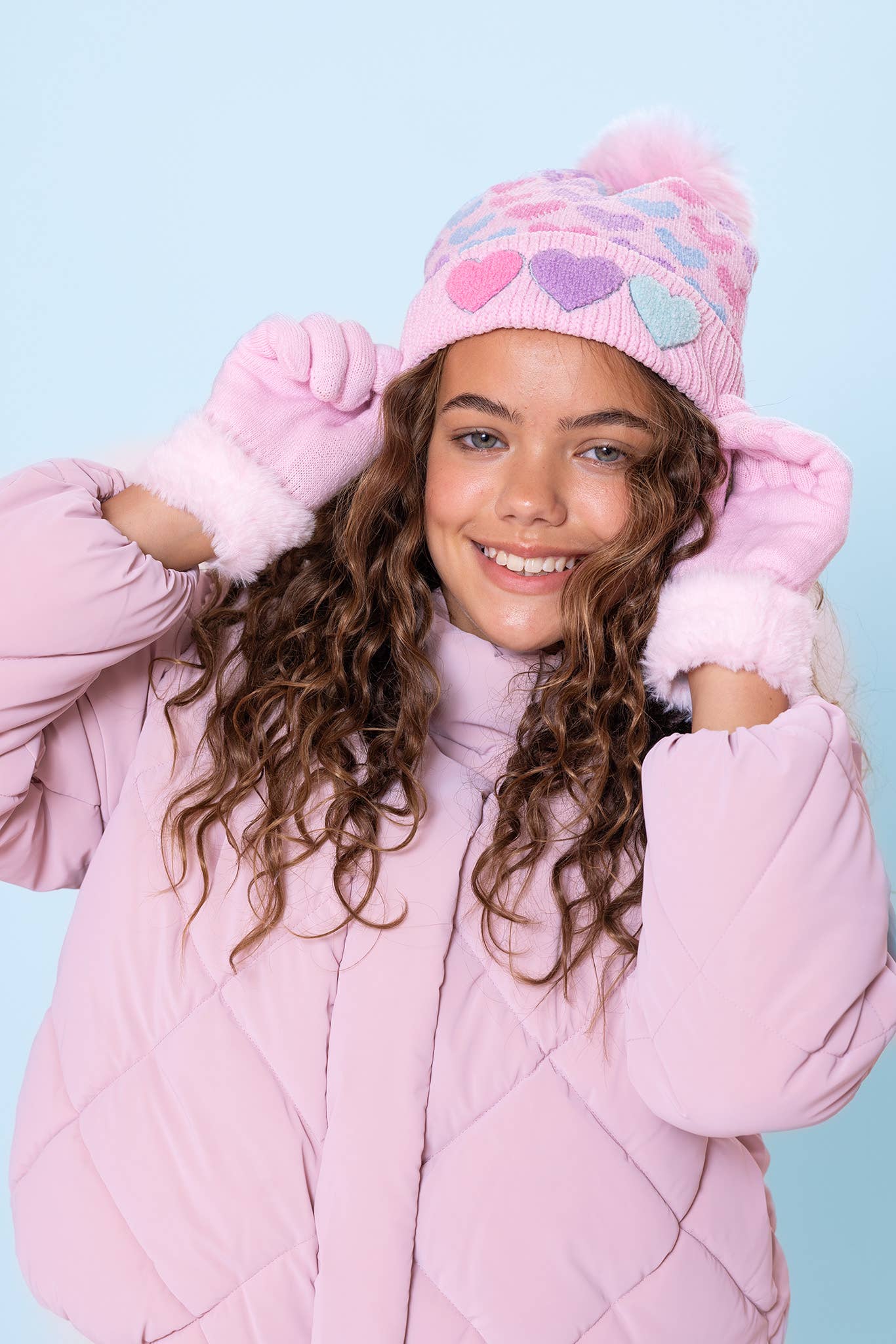 Heart Printed Chenille Hat & Glove Set - OMG Accessories