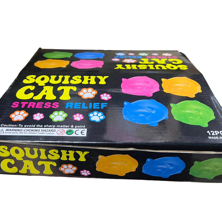 Box of Squishy Cat Stress Relief product held by a hand on a tiled floor.