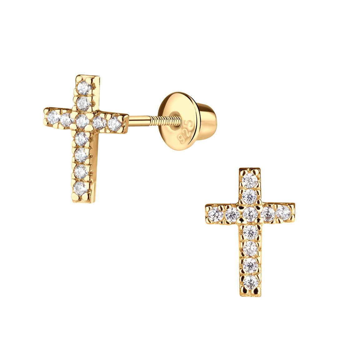 14K Gold-Plated Cross CZ Earrings - Cherished Moments