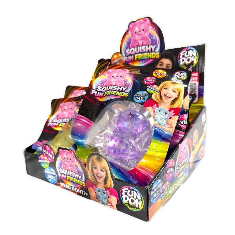 A retail display box filled with packaged 'Squishy Fun Friends' toys on a plain white background. The display features multiple colorful packages with images of children and a purple glittery squishy ball visible in the front package.