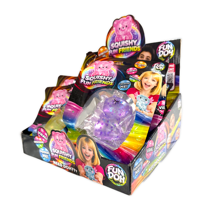 A retail display box filled with packaged 'Squishy Fun Friends' toys on a plain white background. The display features multiple colorful packages with images of children and a purple glittery squishy ball visible in the front package.