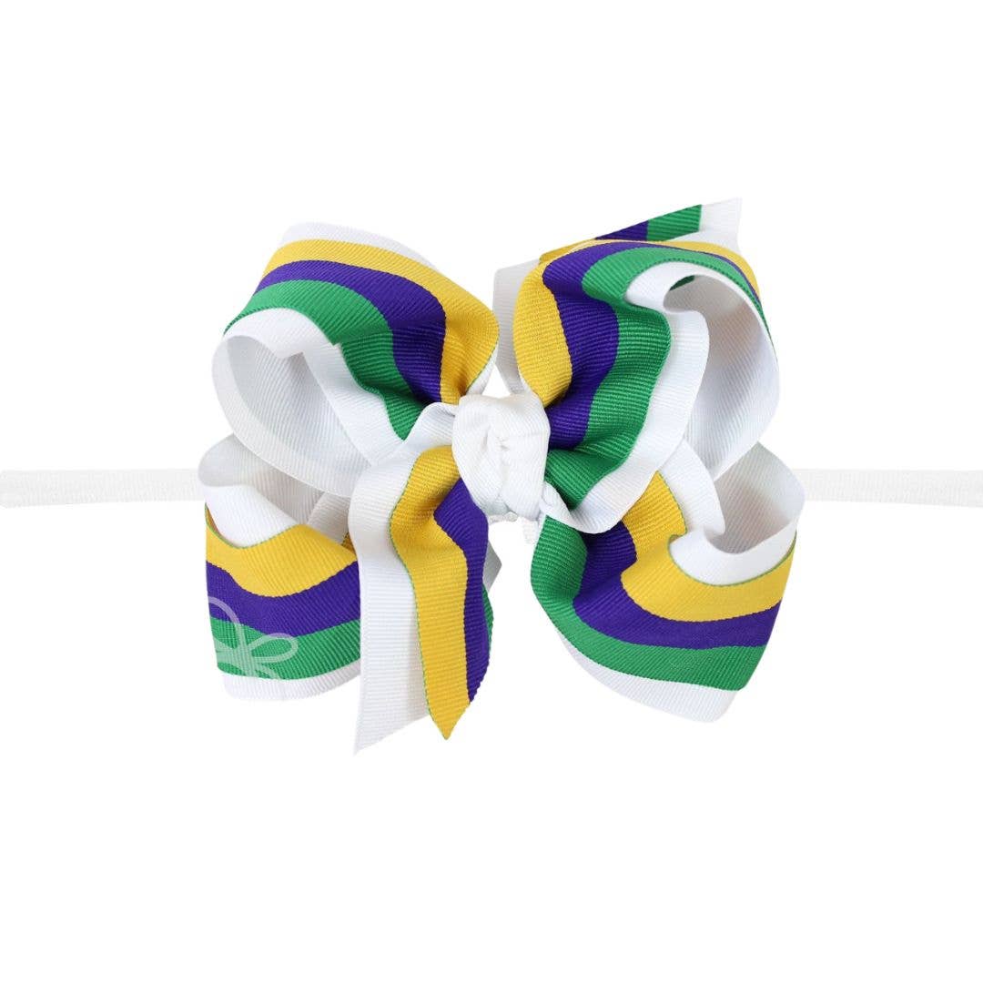 White Mardi Gras Stripe Headband Bow - Beyond Creations