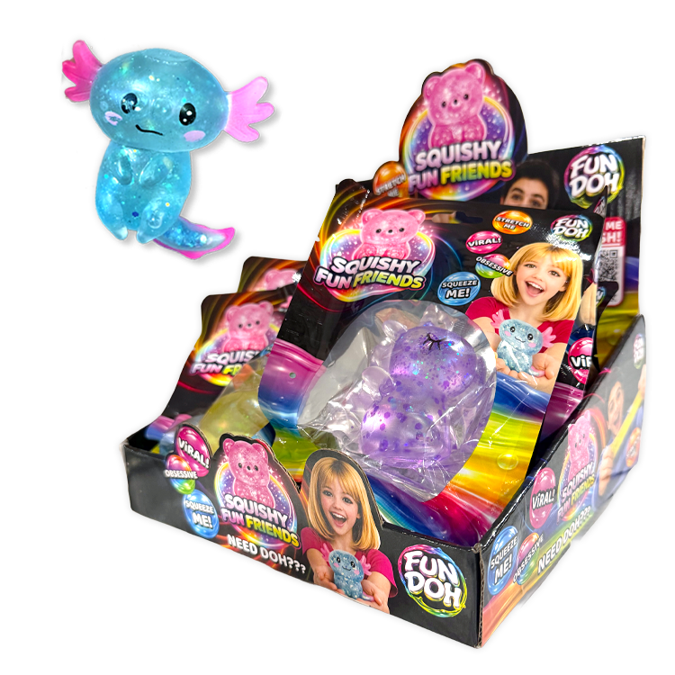 A display box filled with colorful 'Squishy Fun Friends' toy packaging, with one blue glittery axolotl-shaped toy floating above the box on a plain white background.
