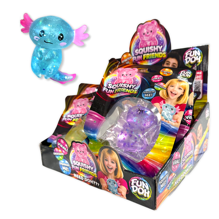 A display box filled with colorful 'Squishy Fun Friends' toy packaging, with one blue glittery axolotl-shaped toy floating above the box on a plain white background.