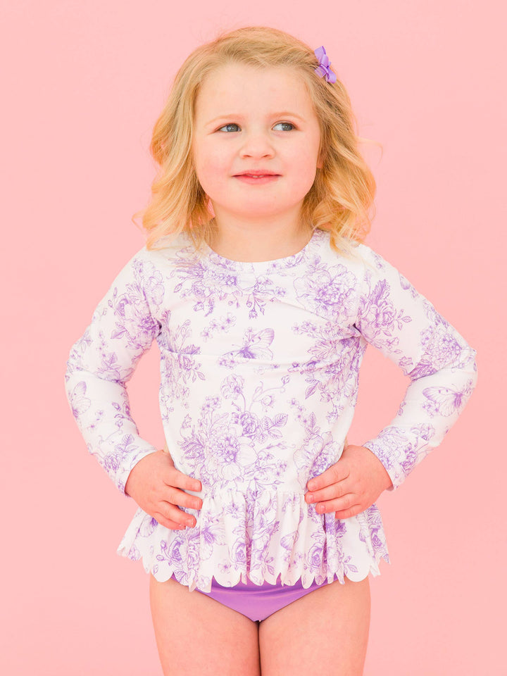 Purple Toile 2PC Rash Guard Swimsuit Set - RuffleButts