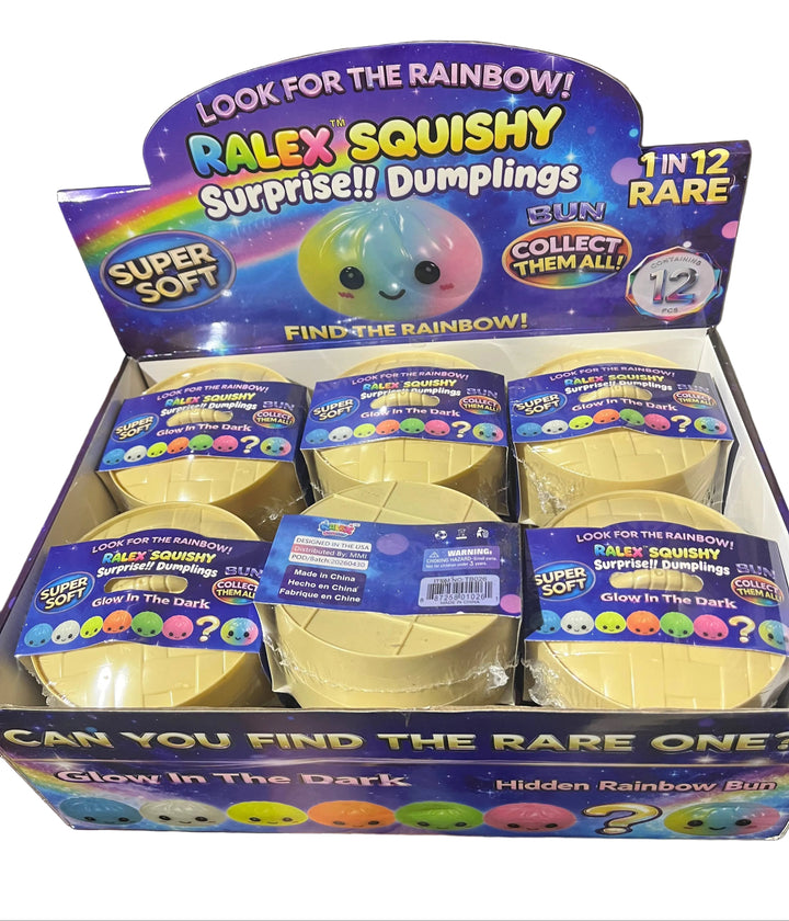 Display of Ralex Squishy Surprise Dumplings packaging with colorful labels.