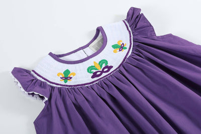 Purple and Gingham Mardi Gras Smocked Bishop Dress - Lil Cactus