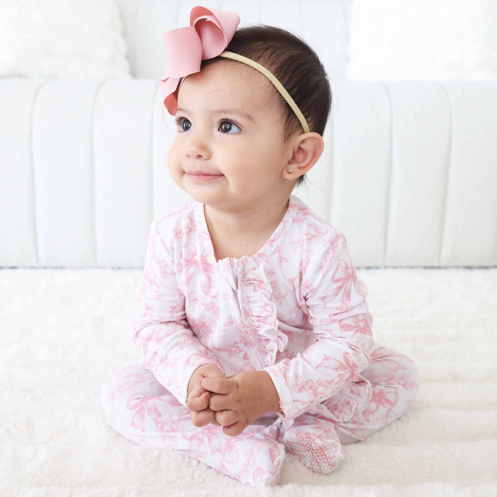 Pink Fancy Frills Bows Ruffle Zipper Footie - Caden Lane