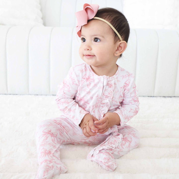 Pink Fancy Frills Bows Ruffle Zipper Footie - Caden Lane