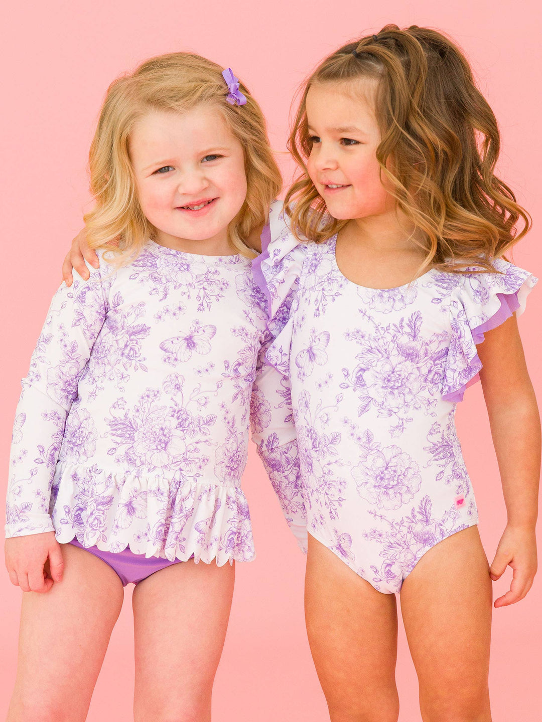 Purple Toile 2PC Rash Guard Swimsuit Set - RuffleButts