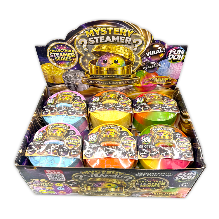 Box of Fun Doh Mystery Steamers with colorful containers on a white background