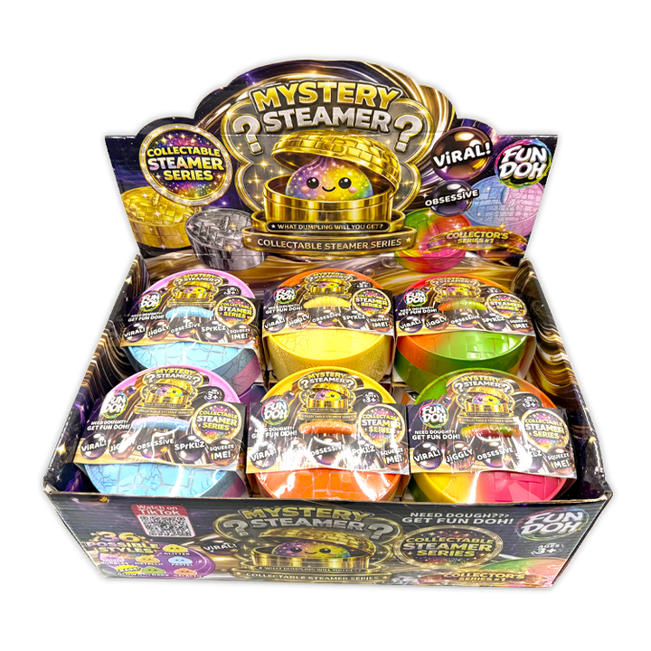 Box of Fun Doh Mystery Steamers with colorful containers on a white background