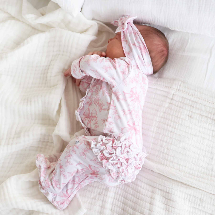 Pink Fancy Frills Bows Ruffle Zipper Footie - Caden Lane