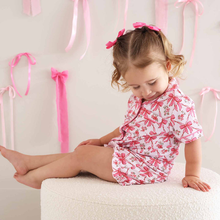 Shorts Pajama Set Pink Bows - Caden Lane