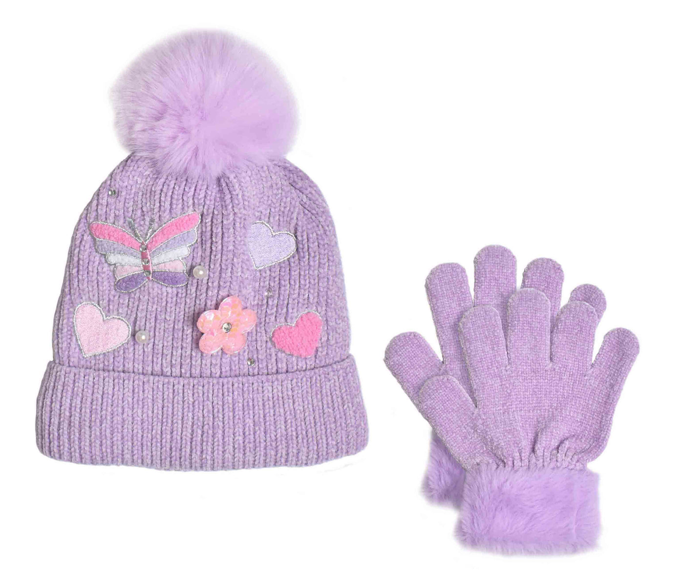 Butterfly Applique Lavender Hat & Glove Set - OMG Accessories