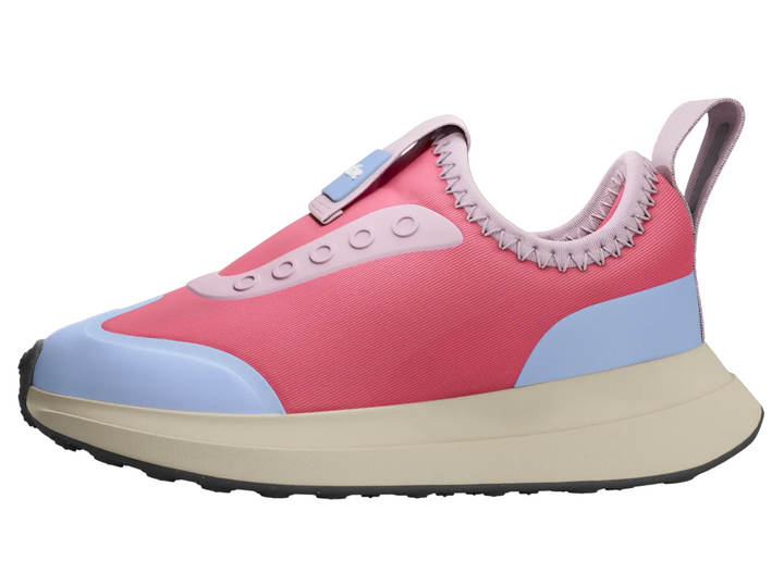 Pink and blue sneaker with a gray background