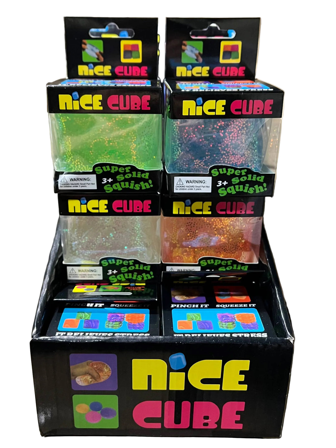 Display of 'Nice Cube' products with colorful packaging on a table.