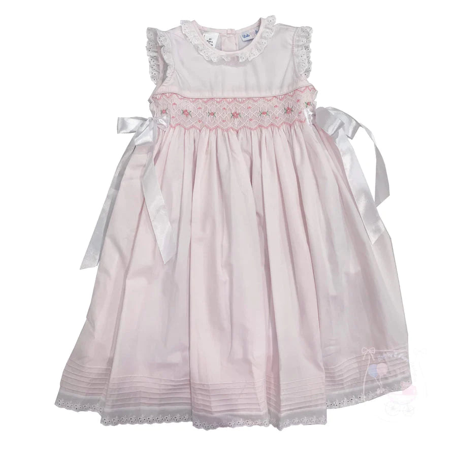 Pink Heirloom Smocked Eyelet Dress White Ribbon - Lulu Bebe