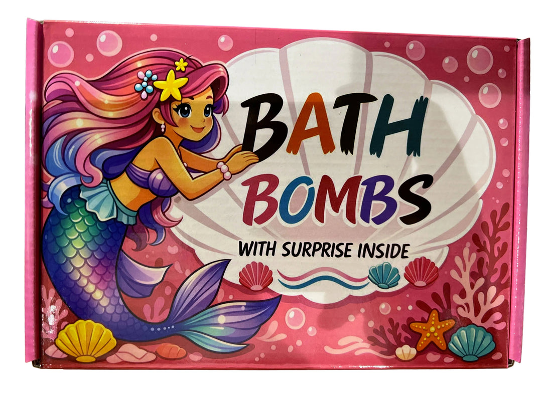 Box of bath bombs with a mermaid illustration on a pink background