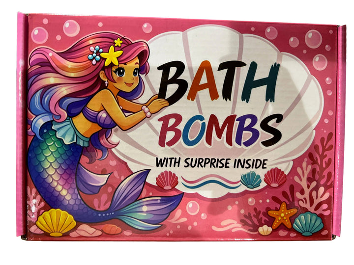Box of bath bombs with a mermaid illustration on a pink background