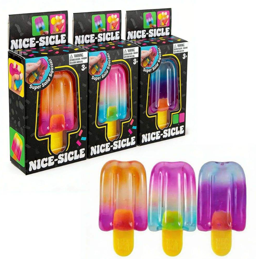 Packaging of Nice-Sicle toy with colorful gradient design on a white background