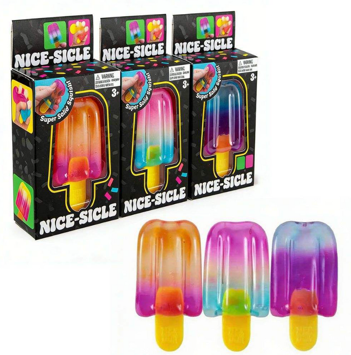Packaging of Nice-Sicle toy with colorful gradient design on a white background