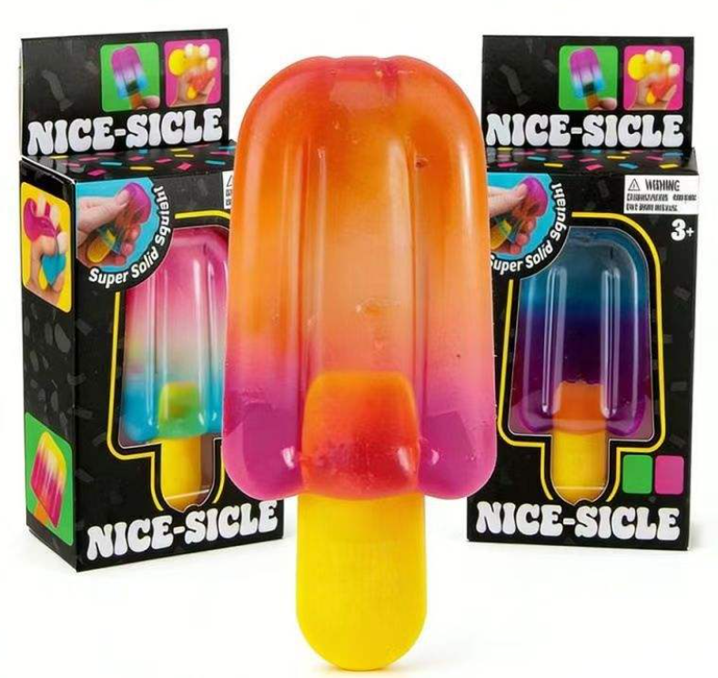 Colorful toy resembling a popsicle with 'Nice-Sicle' packaging.
