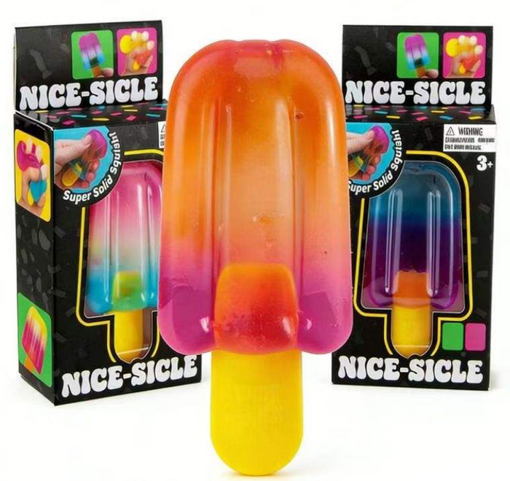 Colorful toy resembling a popsicle with 'Nice-Sicle' packaging.