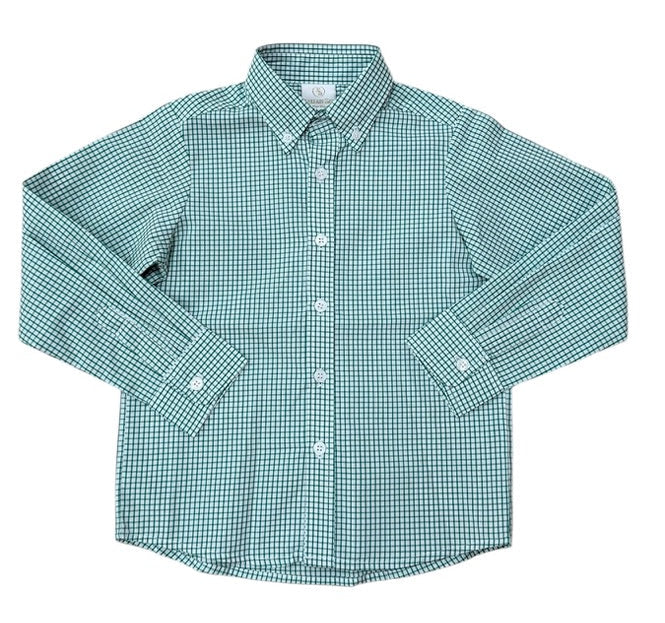 A long-sleeve button-down shirt with a small green and white gingham pattern, laid flat against a white background.