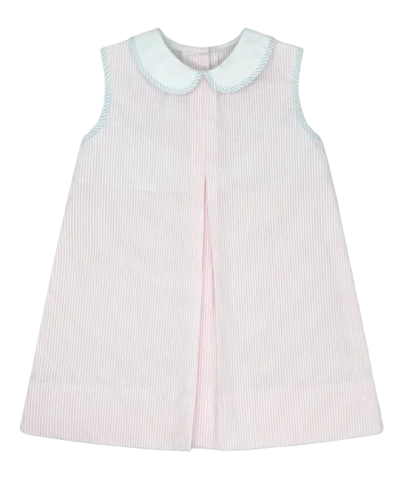 Pink and white striped dress with a seersucker trimmed collar