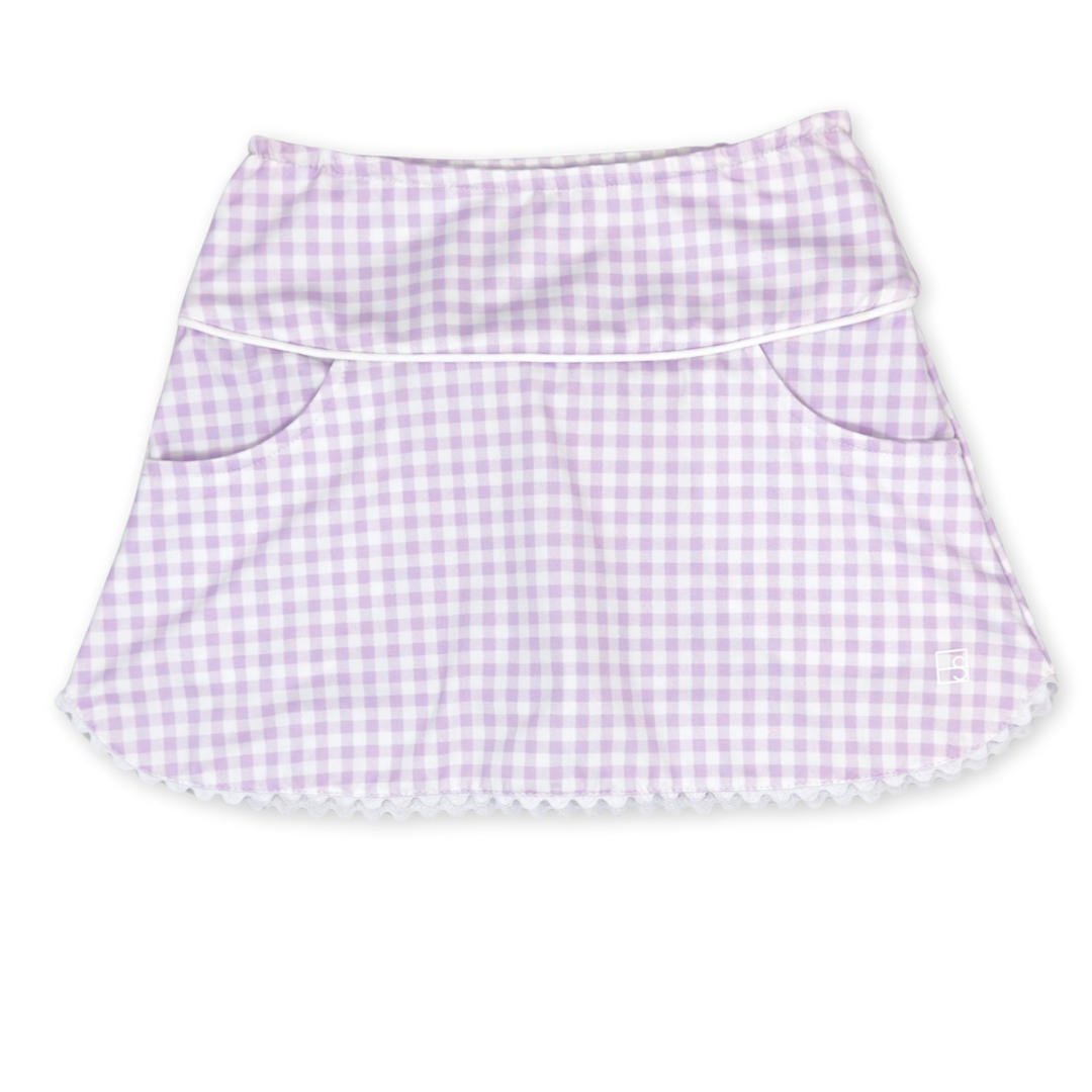 A light purple and white gingham mini skirt with a ruffled hem, displayed flat against a solid white background.