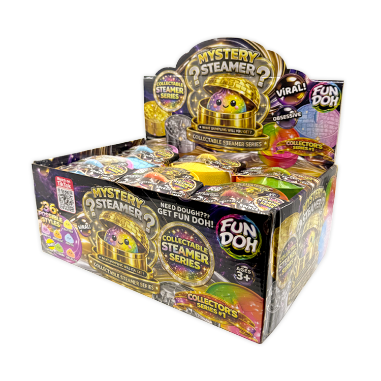 Box of Fun Doh mystery steamers with colorful packaging on a white background