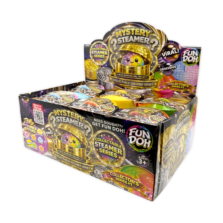 Box of Fun Doh mystery steamers with colorful packaging on a white background