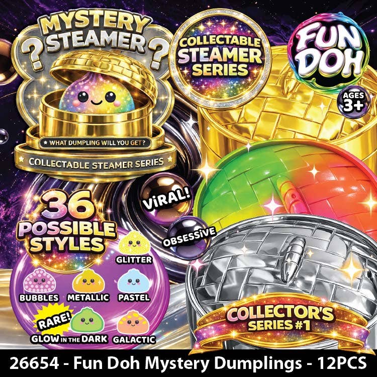 Promotional image of Fun Doh Mystery Dumplings with colorful dumplings and packaging.